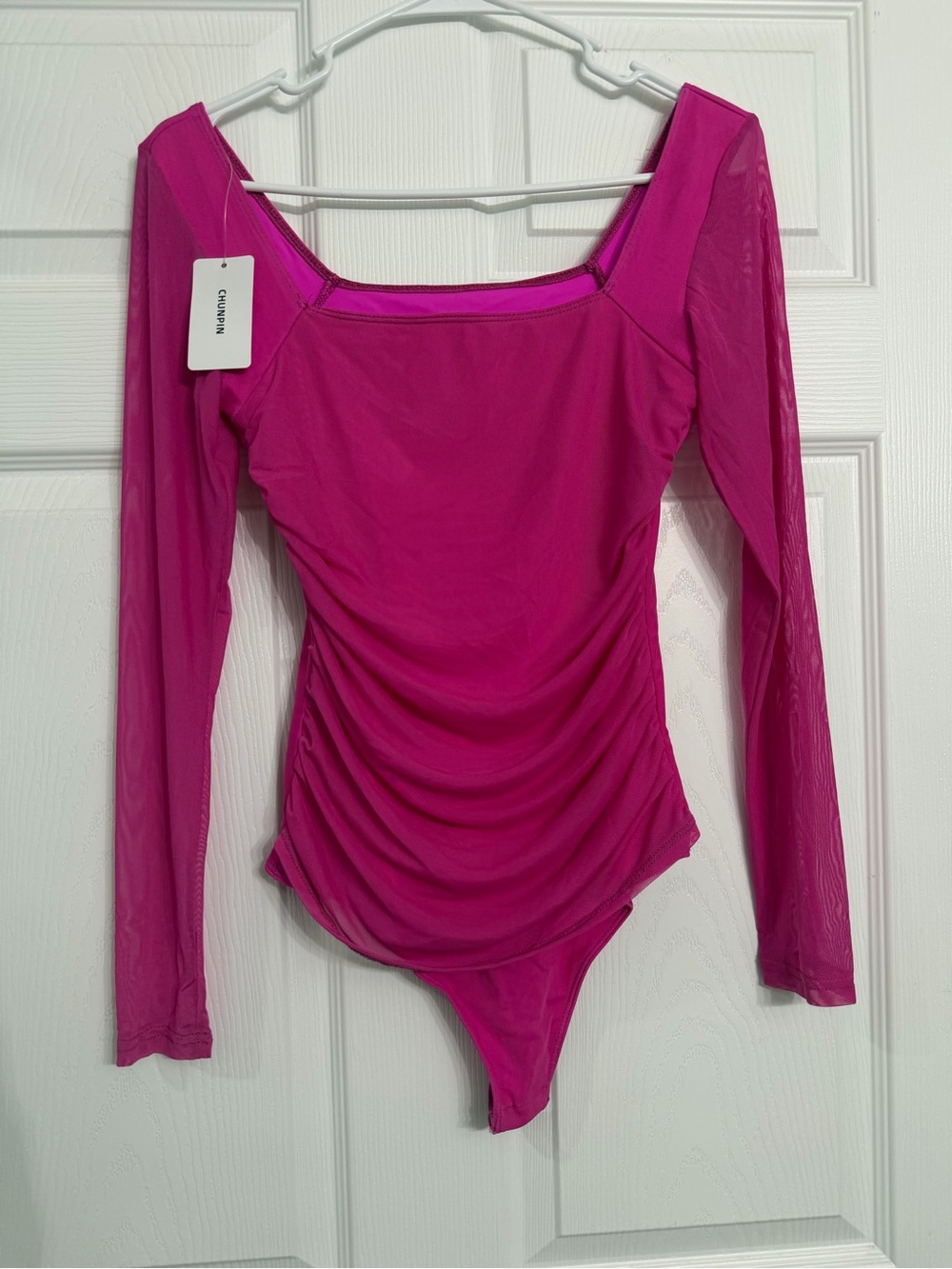 Chaser Hot Pink Long-Sleeve Ruched Mesh Bodysuit